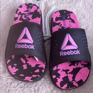 Reebok Black and Pink Sandals with Camouflage Design